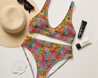 May include: A floral print bikini with a high-waisted bottom and a halter top. The bikini is yellow, orange, red, pink, and green.