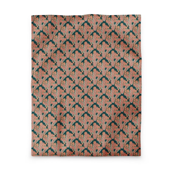 Peachy Pink and Emerald Green Abstract Floral Duvet Cover