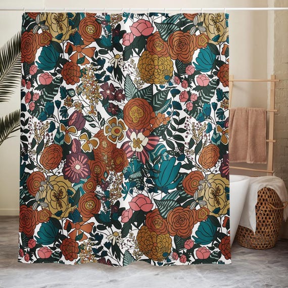 Floral Shower Curtain, Marigold Manor Bathroom Decor, Boho Maximalist Floral Bath, Vintage Inspired Garden Home