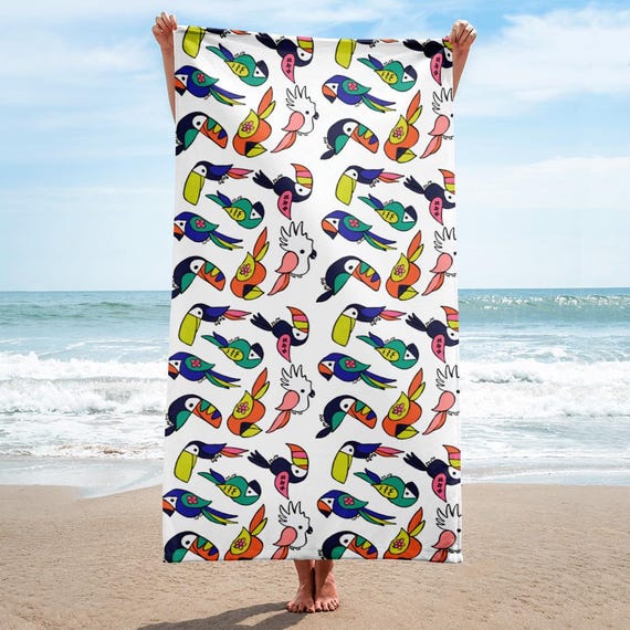 Tropical Birds Beach Towel / Colorful Bright on White