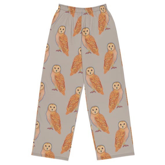 Owl print casual pants / Warm neutrals unisex wide-leg pants