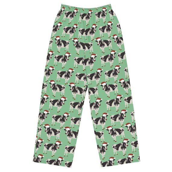 Green Christmas Cow Leisure Pants / Fun Holiday Unisex Casual Lounge Pants