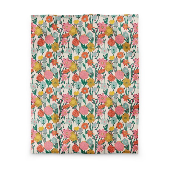 Pretty Flowers Duvet Cover / Pink Yellow Green and Blue / Spring Vibes / Floral Bedroom