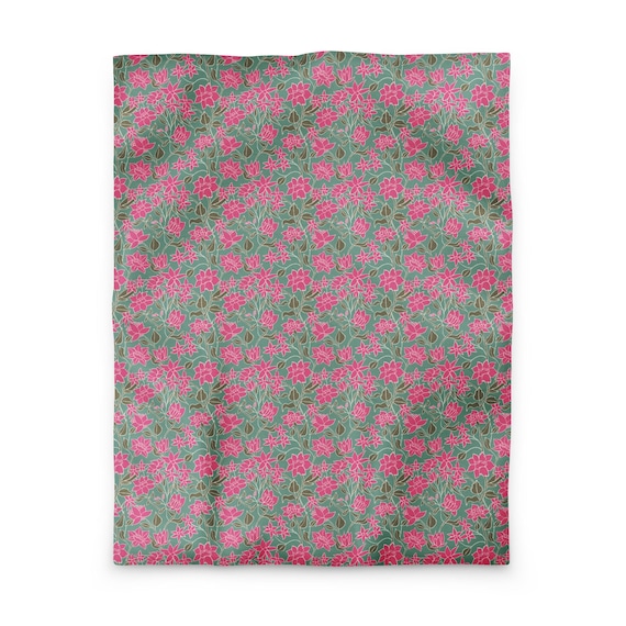 Pink And Green Floral Duvet Cover / Block Print Flower Bedding / Cottagecore Bedroom Decor