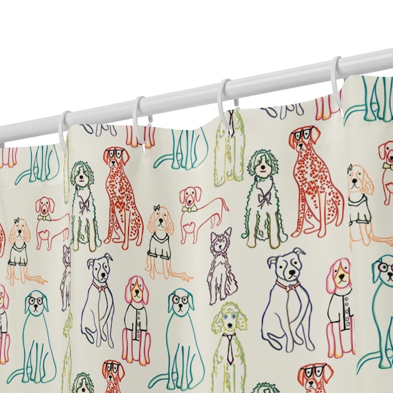 Colorful Dog Doodles Kids Shower Curtain – Hand-Drawn Pups Bathroom Decor