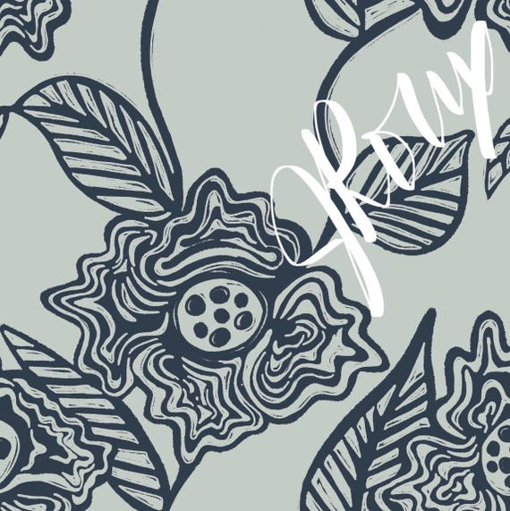 Grey Blue Floral Block Print Duvet cover / Linocut Stule Flower Bloom