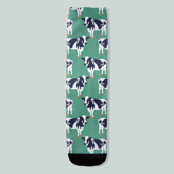 Green Dairy Cow Crew Socks / Unique All-Over Print Socks
