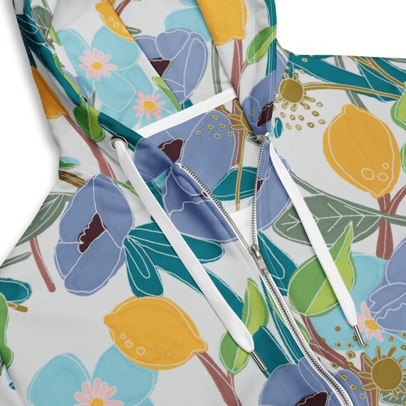Blue Floral Zip Hoodie, Vintage Lemon Botanical Sweatshirt, Unisex Cottagecore Jacket