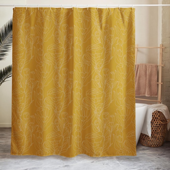 Tulip Shower Curtain, Minimal Floral Bathroom Decor, Mustard Yellow Botanical Bath, Modern Simple Home