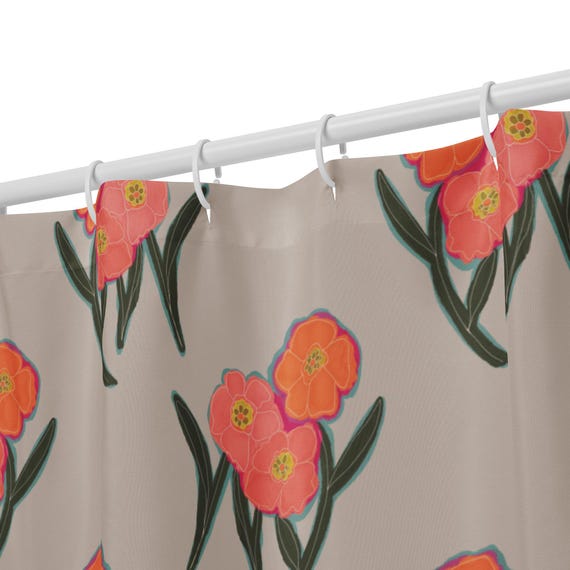 Block Print Floral Shower Curtain, Boho Bathroom Decor, Handmade Style Botanical Bath, Warm Vintage Home