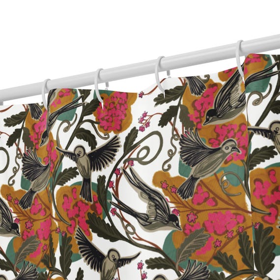Floral Birds Shower Curtain, Hand-Drawn Design