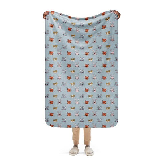 Baby Blue Animal Print Sherpa Blanket - Fox, Rabbit, Mouse & Dog - Soft Plush Throw