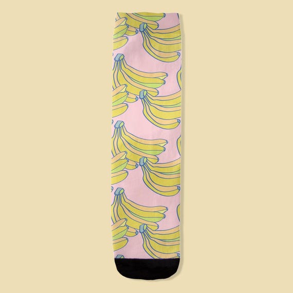 Banana Socks, Fun Fruit Patterned Crew Socks, Novelty Pink And Yellow Design, Comfy Cotton Sock Pair, Cute Footwear Accessory