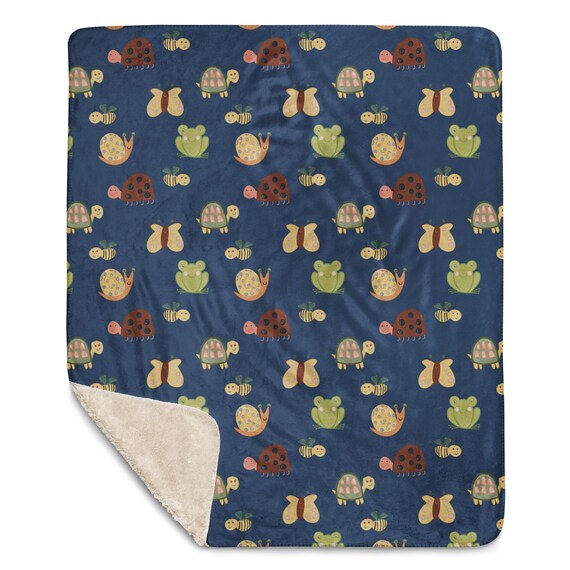 Navy Blue Garden Critters Baby Blanket: Soft Gender Neutral Sherpa