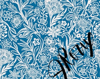 Cobalt Blue Duvet Cover – White Outline Floral Design, Modern Botanical Bedding Set