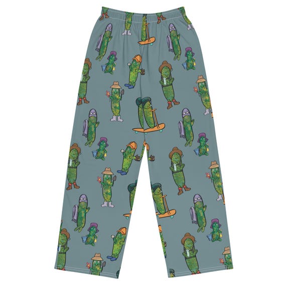 Pickle Print Wide-Leg Pants, Jrouxart Hand-Drawn Design, Pickles Doing Summer Hobbies