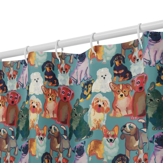 Dog Shower Curtain, Cute Puppy Bathroom Decor, Whimsical Pet Bath, Colorful Animal Lover Home