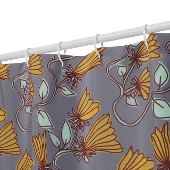 Floral Shower Curtain / Gold Blue and Brick / Unique Handdrawn Flowers by Jrouxart