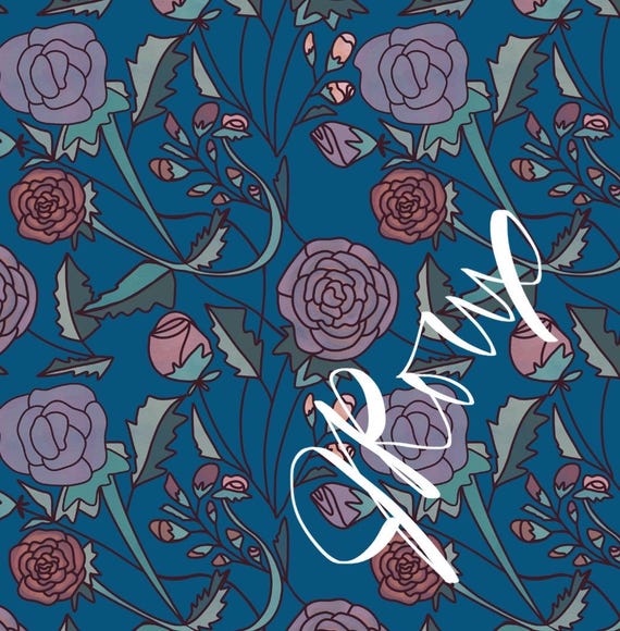 Floral Duvet Cover, Blue Violet Cottagecore Bedding, Hand-Drawn Moody Bedroom Decor