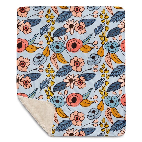 Blue Pink Coral Floral Blanket