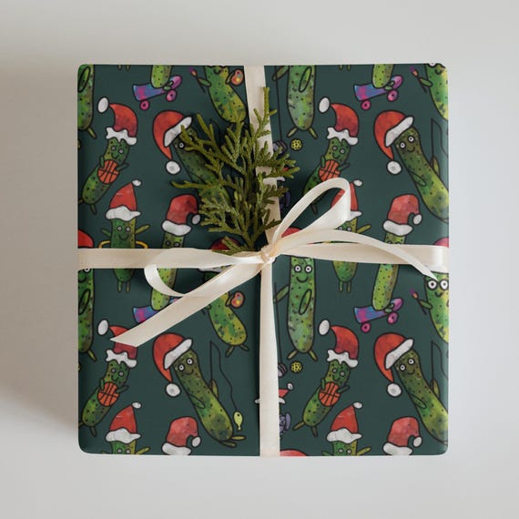 Christmas Pickle Gift Wrap, Santa Hat Design, Holiday Packaging