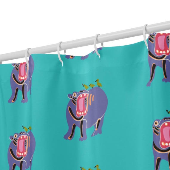 Hippo Shower Curtain, Cute Animal Bathroom Decor, Whimsical Jungle Bath, Kids Safari Home