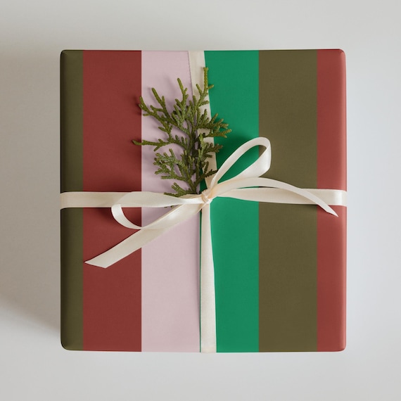 Christmas Stripes Wrapping Paper / Pink Green Red and Gold
