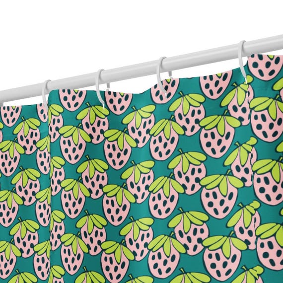 Pink Strawberry Shower Curtain / Light Pink and Green Strawberries On Teal