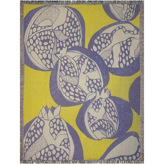 Pomegranate Woven Blanket / Yellow And Blue / Jrouxart Hand Drawn Throw Blanket