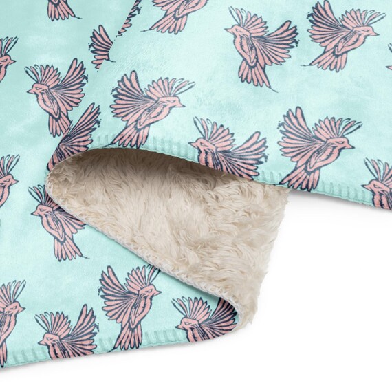 Pink Birds Pale Blue Sherpa Blanket