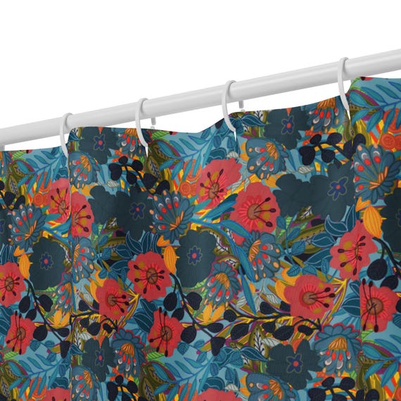 Tropical Floral Shower Curtain, Jungle Bathroom Decor, Bold Botanical Bath, Maximalist Island Home