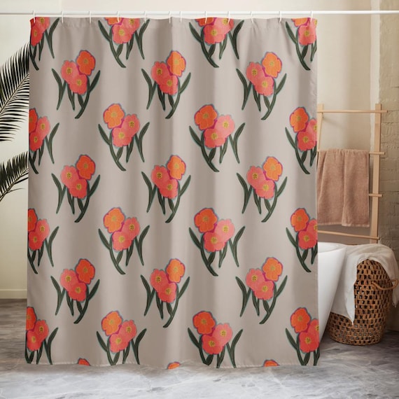 Block Print Floral Shower Curtain, Boho Botanical Bathroom Decor, Warm Vintage Style