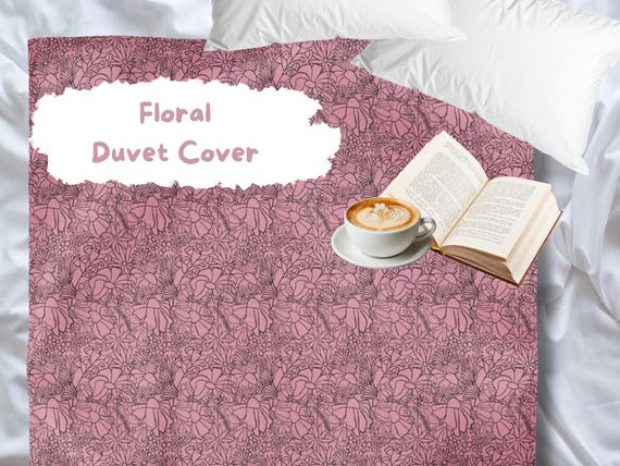 Pink Floral Duvet Cover, Artist Flower Outline Design, Floral Bedding