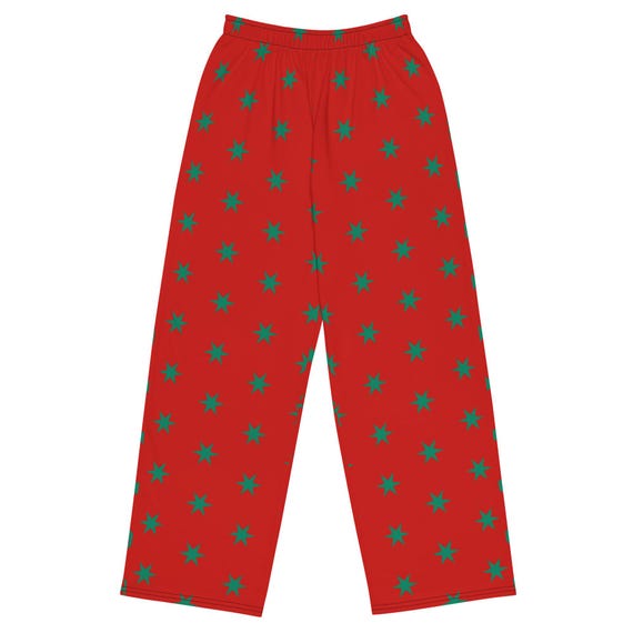 Red and Green Star Christmas Pants / Unisex Wide Leg Stretchy Casual Pantsnwith Pockets