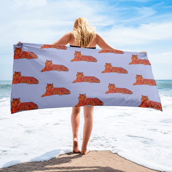 Tiger Beach Towel: Orange & Purple Sublimation Print, 30x60