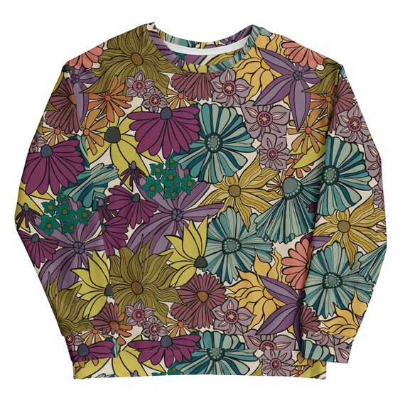 Bold Floral Pattern Sweatshirt, Vibrant Flower Power Pullover, Retro Botanical Crewneck, Boho Chic Floral Top