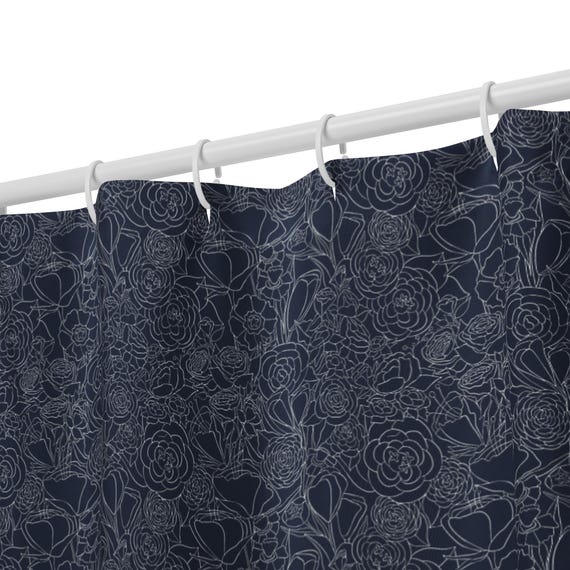 Navy Blue Floral Shower Curtain – Cream Botanical Print Bathroom Decor