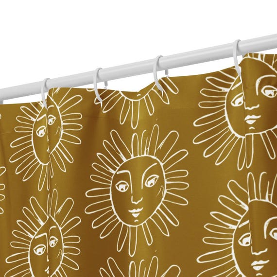 Sun Shower Curtain, Yellow Boho Bathroom Decor, Retro Sunshine Bath, Warm Happy Home