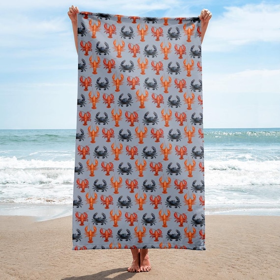Crab Lobster Beach Towel | Coastal Nautical Sea Life Pattern