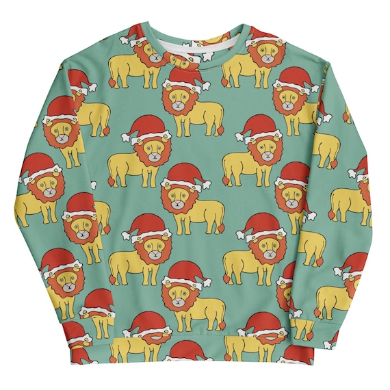 Fun and Whimsy Christmas Lion Unisex Sweatshirt / Santa Lion Crewneck Sweater