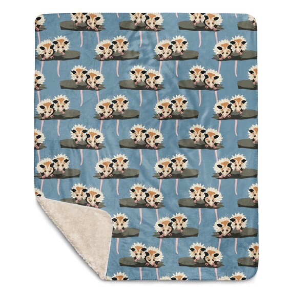 Opossum Blanket, Blue Sherpa Fleece, Hand-Drawn Art