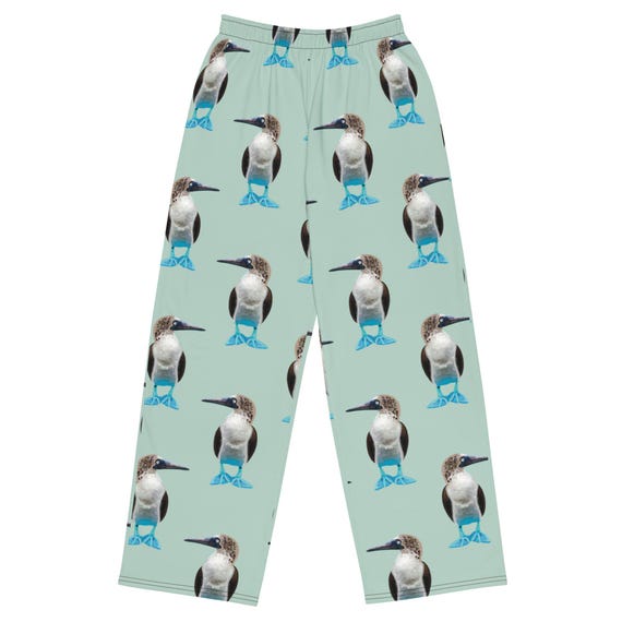 Blue Footed Booby Print Wide-Leg Pants, Jrouxart Design