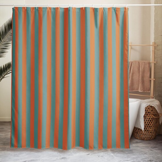 Striped Shower Curtain, Orange Aqua Bathroom Decor, Bold Retro Stripe Bath, Playful Modern Home
