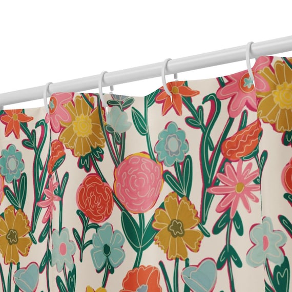 Pretty Flowers Shower curtain / Pink Yellow Green and Blue / Spring Vibes / Floral Bath Decor