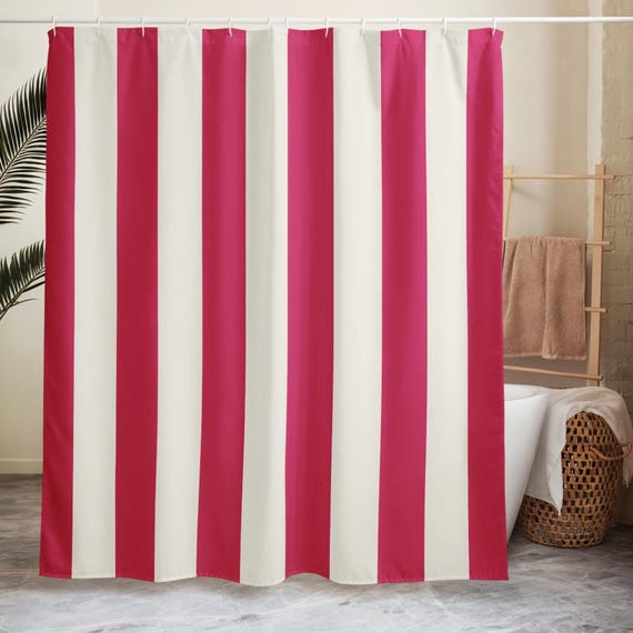 Striped Shower Curtain, Pink White Bathroom Decor, Bold Cabana Stripe Bath, Feminine Modern Home