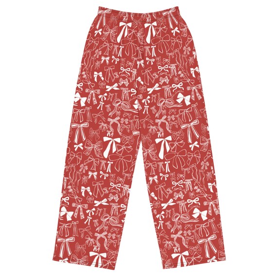 Coquette Red Bows Printed  / Festive Hand Drawn Lounge Pants /  Unisex Wide Leg Leisure Wear