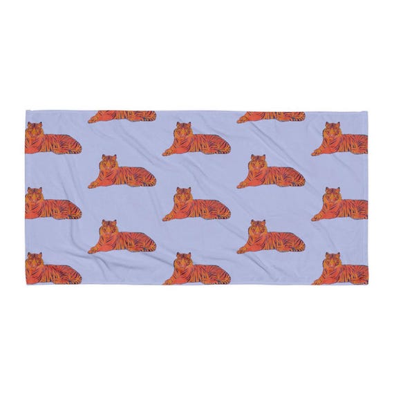 Tiger Beach Towel: Orange & Purple Sublimation Print, 30x60