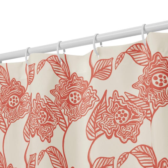 Coral Floral Shower Curtain, Boho Bathroom Decor, Soft Feminine Botanical Bath, Romantic Cottagecore Home