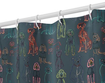Tenda da doccia con disegni di cani / Decorazione per il bagno con cani disegnati a mano / Tenda da bagno colorata con cuccioli / Regalo per amanti dei cani