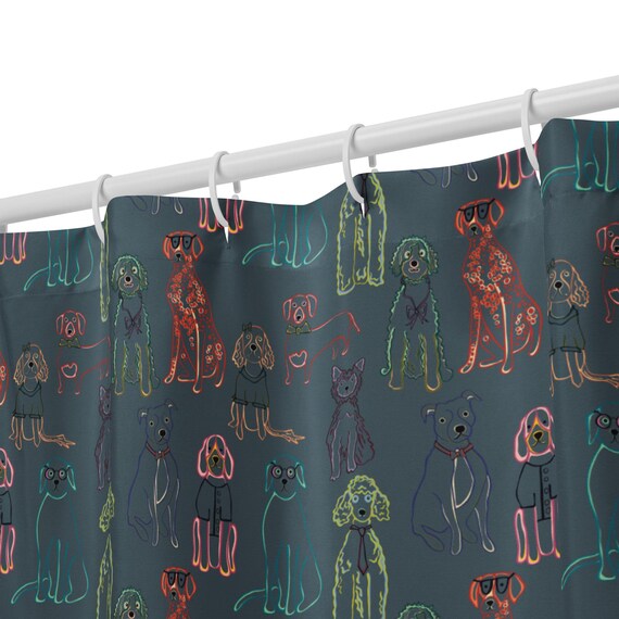 Dog Doodles Shower Curtain: Colorful Hand-Drawn Pups Bathroom Decor